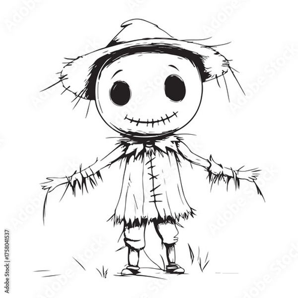 Fototapeta Scary halloween scarecrow silhouette vector for decoration editable vector Line art illustration of a scarecrow with a menacing carved pumpkin face, wearing patched clothing and a hat. 