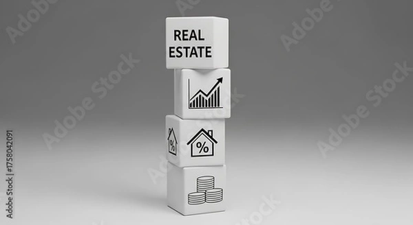 Obraz Stack of white cubes with real estate icons and text for investment and property image photo