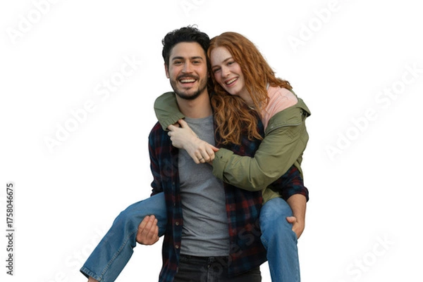 Fototapeta Young couple having fun piggyback ride isolated on transparent background