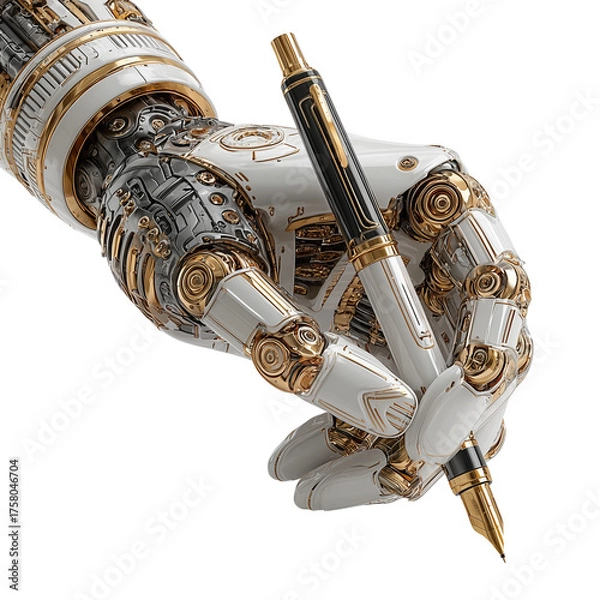 Fototapeta Close-Up of Prosthetic Hand Holding a Pen and Writing on Paper, Isolated on Transparent Background, Adaptive Technology in Everyday Use