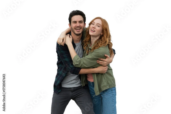 Fototapeta Happy couple hugging isolated on transparent background
