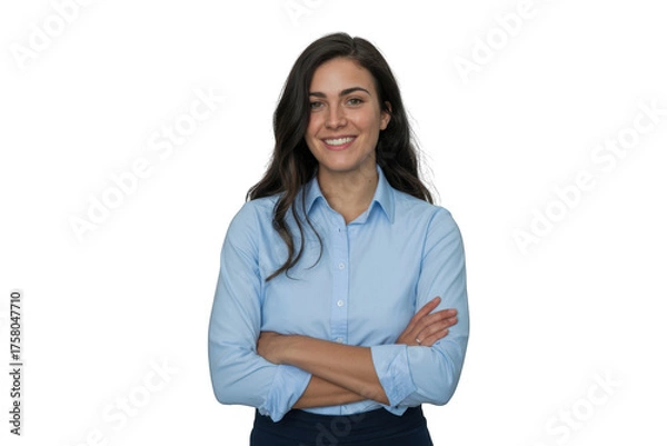 Fototapeta Smiling woman in blue shirt isolated on transparent background