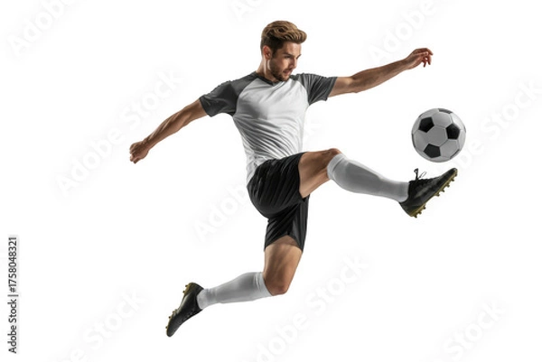 Fototapeta Soccer player kicking ball isolated on transparent background