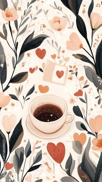 Fototapeta Cozy Coffee Cup Surrounded By Delicate Floral Patterns And Hearts On A Textured Background