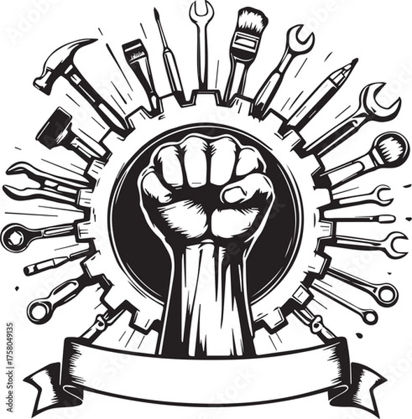 Obraz Labor unity emblem with fist, gear, and tools vector illustration for work, industry, and solidarity themes