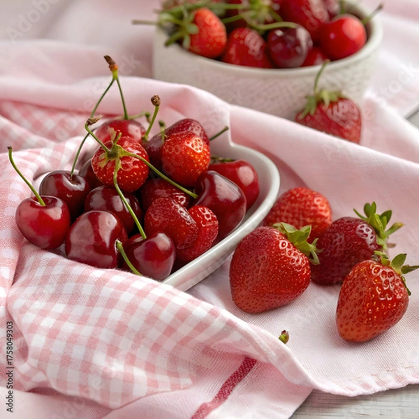 Fototapeta a close up shot of ripe cherries and strawberries