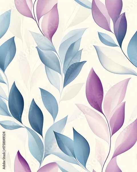 Fototapeta Seamless Pattern of Delicate Blue and Purple Leaves on Cream Background Soft Botanical Illustration