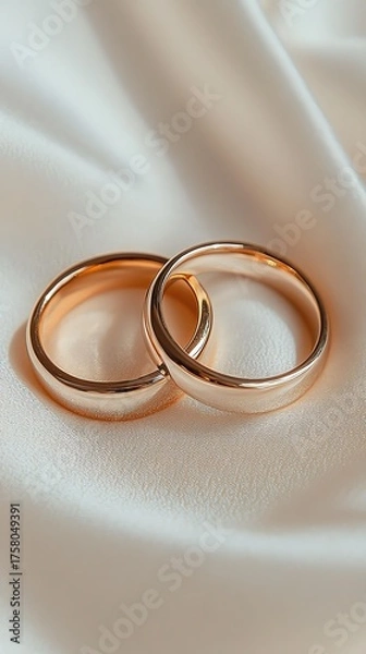 Obraz Two Elegant Rose Gold Wedding Rings Intertwined on a Soft Cream Satin Background with Gentle