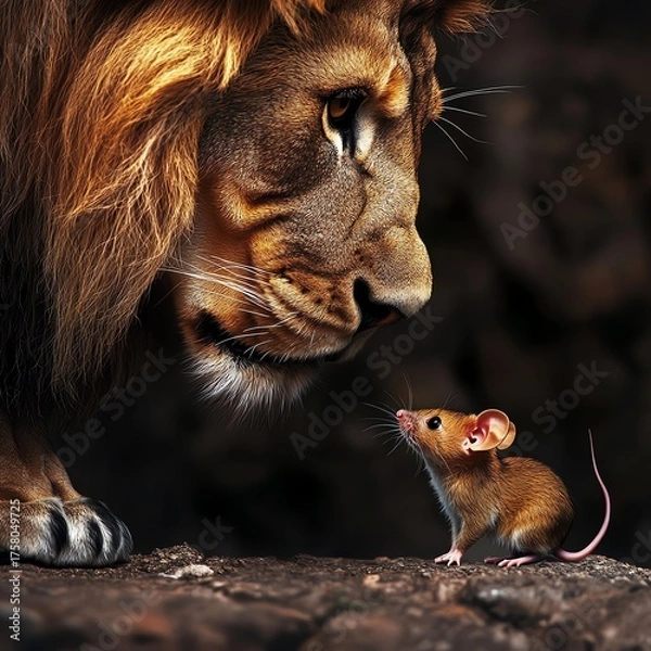 Obraz Majestic Male Lion Confronts Tiny Mouse in Dramatic Close Up Wildlife Scene with Dark Background
