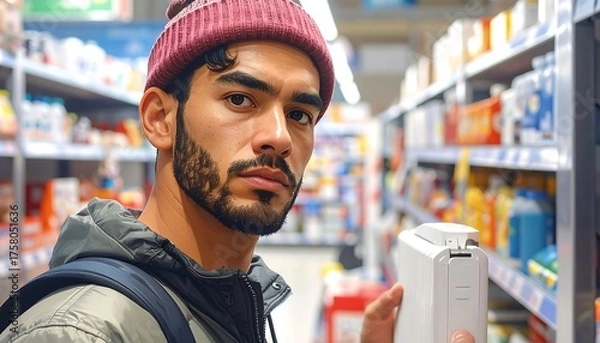 Fototapeta Man in Supermarket Aisle - Focused Shopper with Pink Beanie.