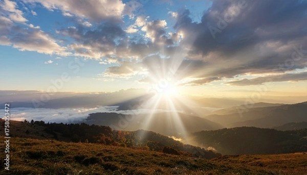 Fototapeta Beautiful religious image, bright light from heaven, light of hope and happyness from sky. 