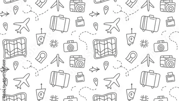 Fototapeta Seamless pattern featuring travel elements such as airplanes suitcases and cameras in black and white silhouette