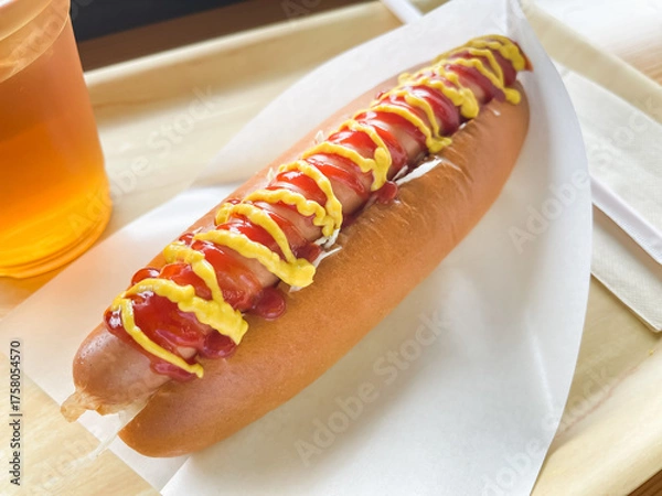 Fototapeta トマトケチャップとマスタードソースをトッピングしたジューシーなホットドッグ。