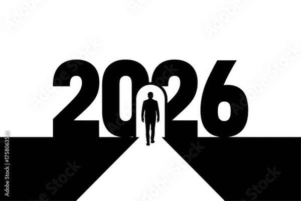 Fototapeta 2026 New Year Vector Design with Silhouette Person Walking Forward in the Door