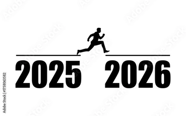 Fototapeta 2025 to 2026 New Year Transition. Silhouette Runner Leaping Across Years on Timeline Path