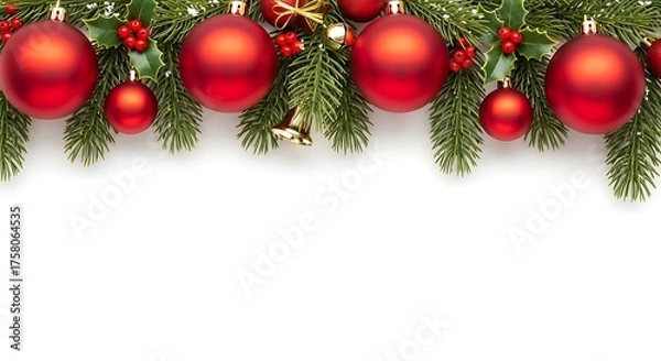 Obraz A festive Christmas garland featuring red baubles, holly berries, and green fir branches against a white background.