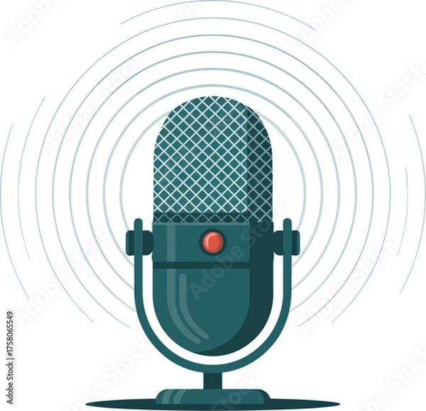 Fototapeta Vintage microphone broadcasting sound waves, symbolizing communication and audio recording