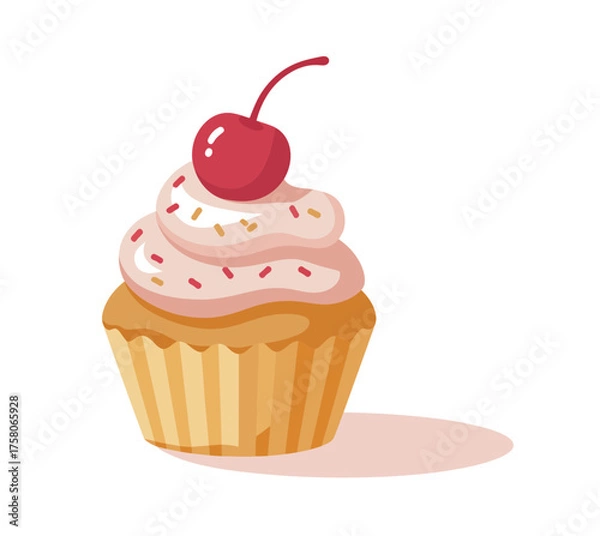 Fototapeta Sweet frosted cupcake with cherry topping and sprinkles