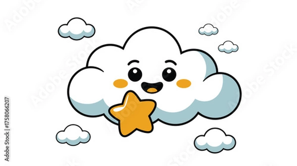 Fototapeta Cute smiling cloud character holding a golden star with other small clouds in a dreamy sky