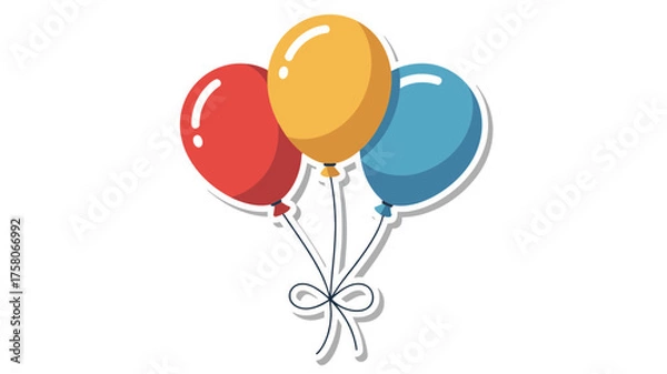 Fototapeta Three colorful balloons tied with a ribbon, floating against a white background, perfect for celebrations.
