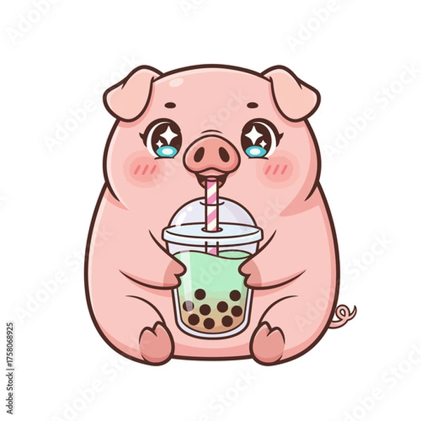 Obraz Cute Piglet Drinking Matcha Boba Tea Kawaii Cartoon Art