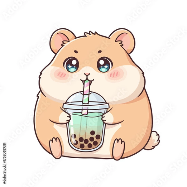 Obraz Adorable Hamster Drinking Matcha Boba Tea Kawaii Cartoon
