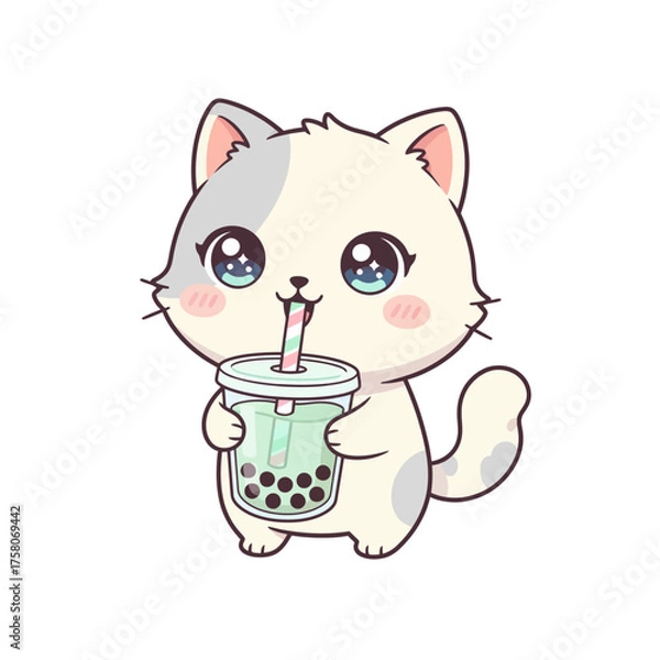 Obraz Cute White Cat Kitten Drinking Matcha Boba Tea Kawaii Cartoon