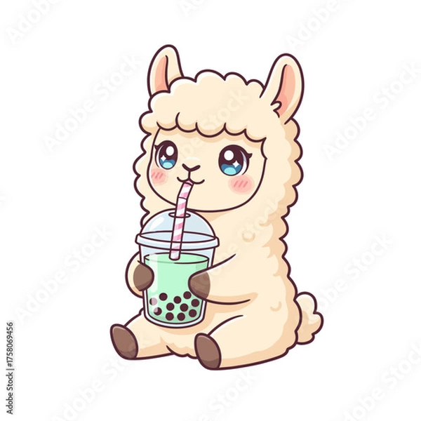 Obraz Fluffy Llama Alpaca Drinking Matcha Boba Tea Kawaii Cartoon