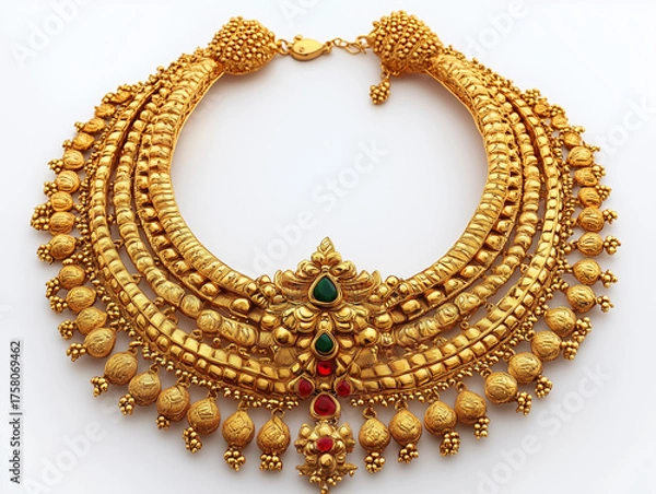 Fototapeta Indian Gold Jewel, an elegant traditional Indian jewelry. Indian wedding Bridal collection, South indian and north indian necklace, bangles, earings.