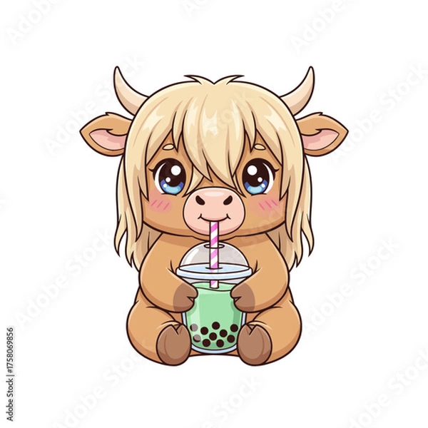 Obraz Cute Fluffy Highland Cow Calf Drinking Matcha Boba Tea Kawaii