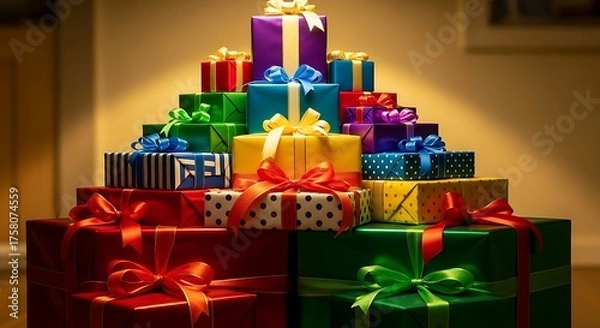 Fototapeta A large pyramid of colorful gift boxes with ribbons, stacked for a festive occasion.