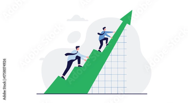 Fototapeta Business professionals climbing a rising arrow graph representing financial growth and success