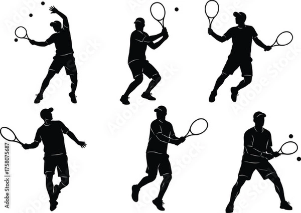 Fototapeta Tennis player silhouettes, action poses, serve, forehand, backhand, racket, ball motion, black icons, vector illustration, sports movement, athletic energy