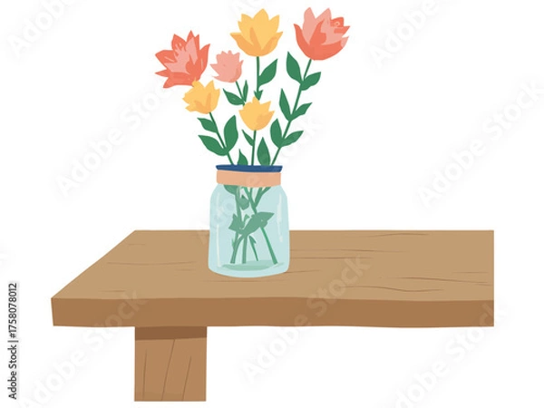 Fototapeta Mason Jar with Wildflowers on Wooden Table | Rustic Floral Arrangement in Glass Jar | Country Style Mason Jar Bouquet on Wood Surface | Simple Wildflower Decoration on Wooden Table 