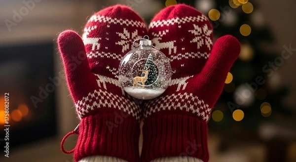 Fototapeta Hands wearing red knitted mittens holding a Christmas ornament with a deer inside, with a fireplace and Christmas tree in the background.
