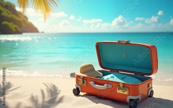 Fototapeta vacation travel time banner, open travel suitcase with exotic destination inside with copy space area. High quality