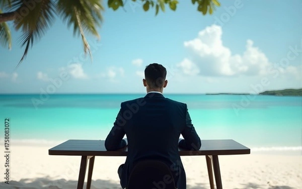 Fototapeta Distant work. A man in an office suit and sitting at a table with a laptop, right on the beach of a tropical island, view from the back. Generative AI. High quality
