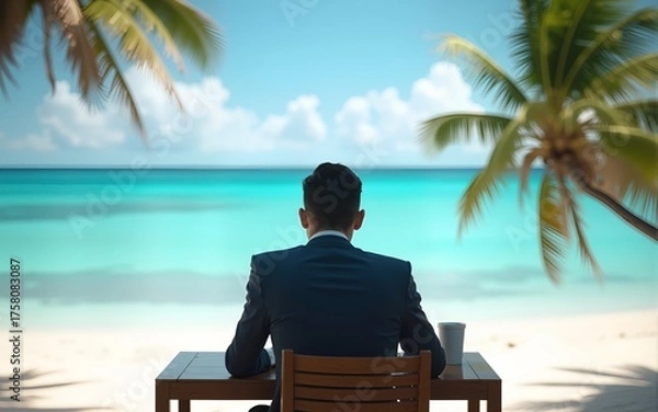 Fototapeta Distant work. A man in an office suit and sitting at a table with a laptop, right on the beach of a tropical island, view from the back. Generative AI. High quality