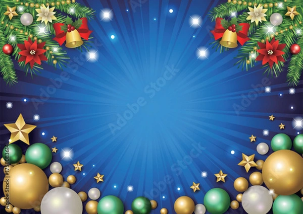 Fototapeta クリスマス背景、オーナメント、星、かわいい、イラスト、青、横