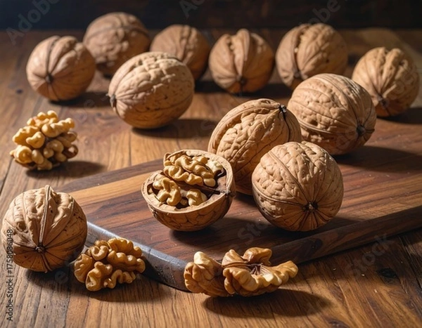 Fototapeta Walnuts on Wooden Board - A Nutritious and Healthy Snack.