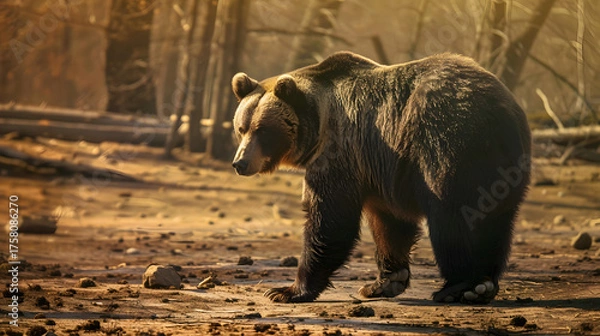 Obraz Brown bear in forest at sunset