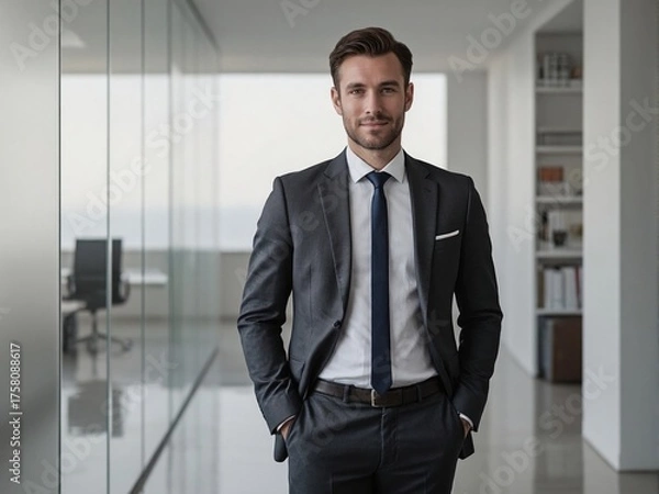 Fototapeta Photorealistic image of a professional man standing confidently in a modern minimalist office with bright natural lighting, neutral tones, and realistic corporate photography style
