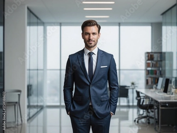Fototapeta Photorealistic image of a professional man standing confidently in a modern minimalist office with bright natural lighting, neutral tones, and realistic corporate photography style
