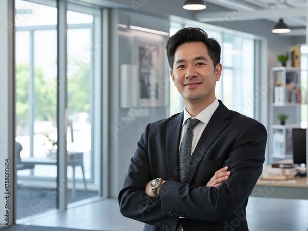 Fototapeta Photorealistic image of a professional man standing confidently in a modern minimalist office with bright natural lighting, neutral tones, and realistic corporate photography style
