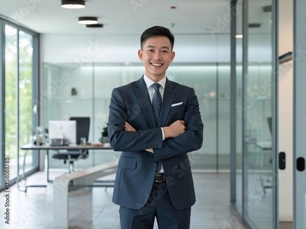 Fototapeta Photorealistic image of a professional man standing confidently in a modern minimalist office with bright natural lighting, neutral tones, and realistic corporate photography style
