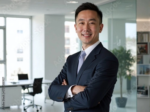 Fototapeta Photorealistic image of a professional man standing confidently in a modern minimalist office with bright natural lighting, neutral tones, and realistic corporate photography style
