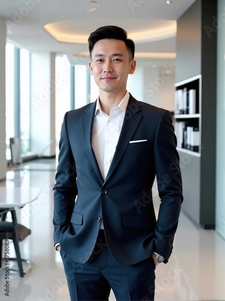 Fototapeta Photorealistic image of a professional man standing confidently in a modern minimalist office with bright natural lighting, neutral tones, and realistic corporate photography style
