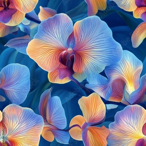 Fototapeta Close up view of vibrant multicolored orchid flowers against a deep blue backdrop