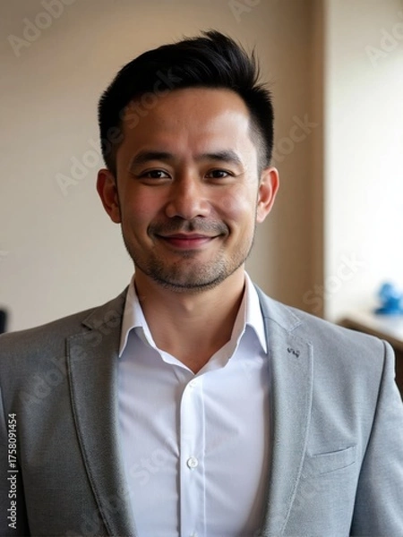 Fototapeta Photorealistic portrait of a man in a modern office with soft daylight and minimalist decor, confident and approachable expression, professional business photography style
