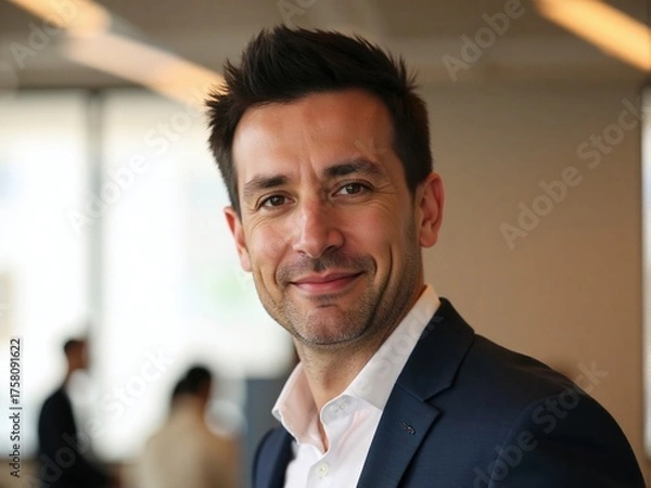 Fototapeta Photorealistic portrait of a man in a modern office with soft daylight and minimalist decor, confident and approachable expression, professional business photography style
